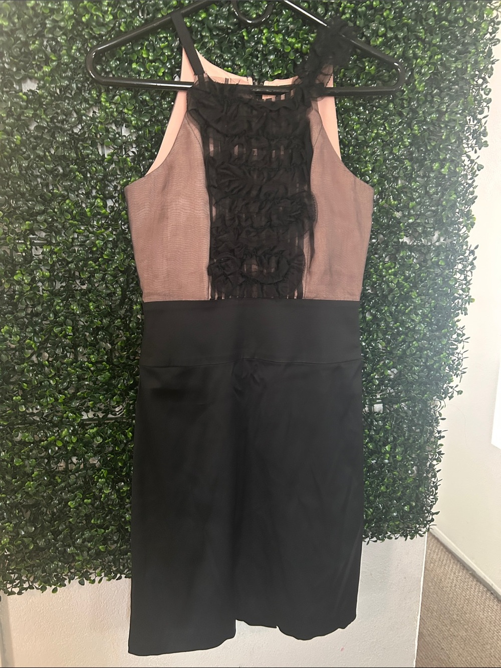 Y2K BCBG Sleeveless Black and Taupe Ruffle-Front Sheath Dress